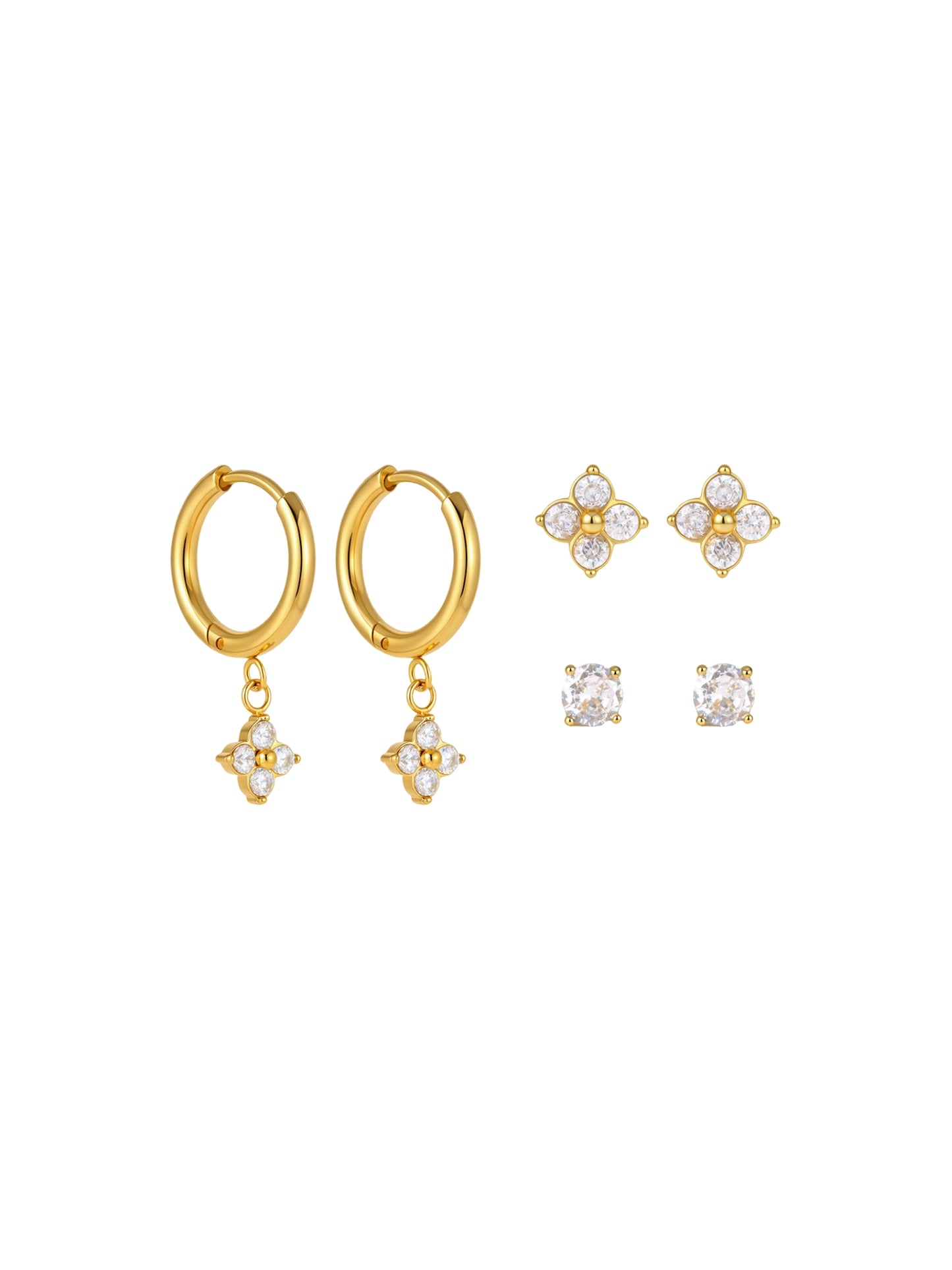 SYNTC, earrings set, clover charm earrings, zirconia earrings, stud earrings, hoop earrings, huggie earrings earrings with stones, tassle drop earrings, drop earrings, diamond earrings, geometric earrings, dainty earrings, cute earrings, earrings for parties, earrings for anniversaries
