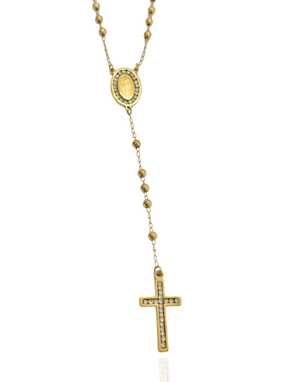 Gold necklace with beads and a cross on a white background, cross pendant, gold cross necklace, classic gold cross chain, religious gold cross pendant, everyday wear