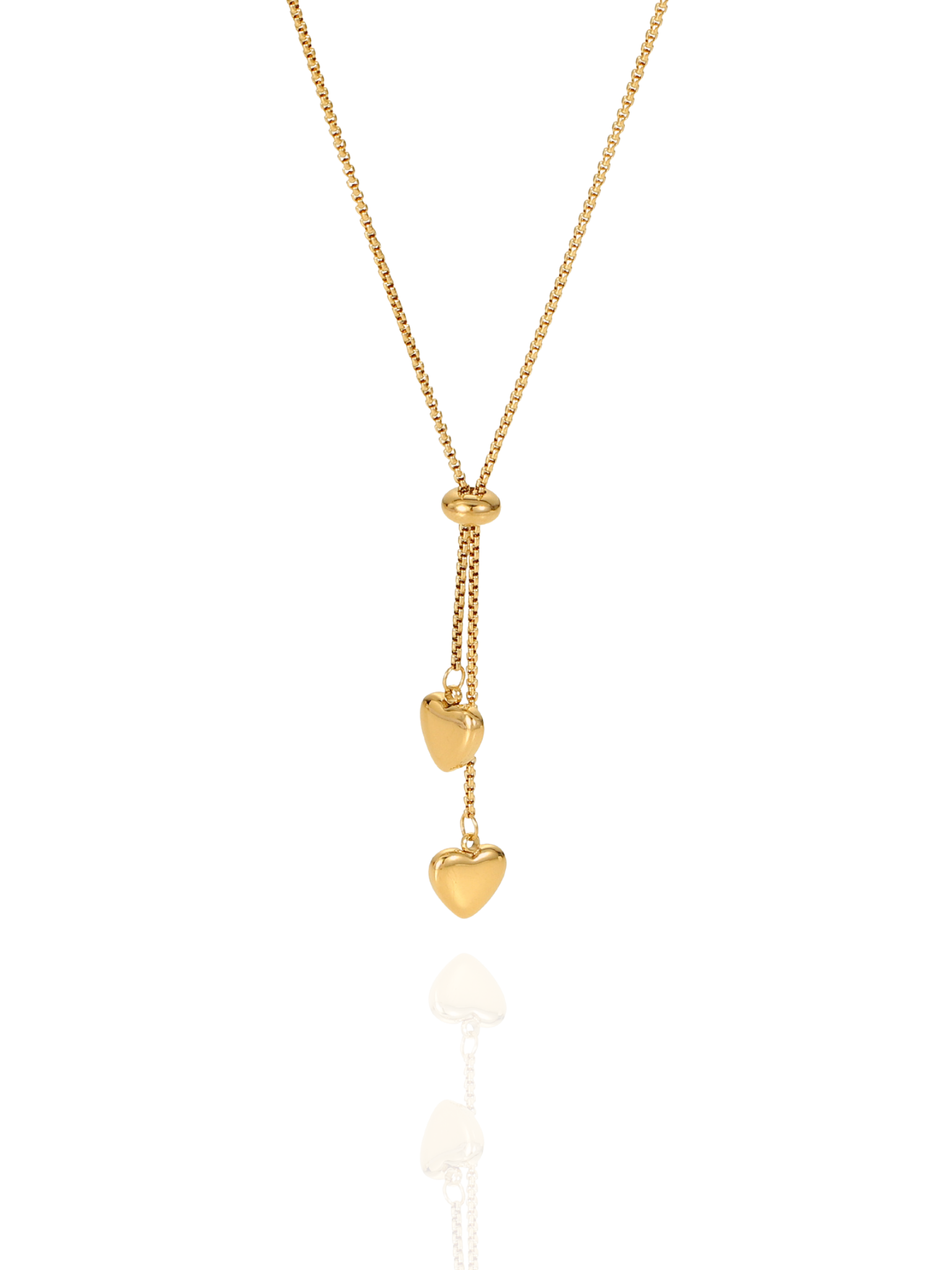 Gold necklace with heart-shaped pendants on a white background, heart pendants, partridge eye chain, minimalist necklace, formal wear, everyday wear, delicate gold heart charm