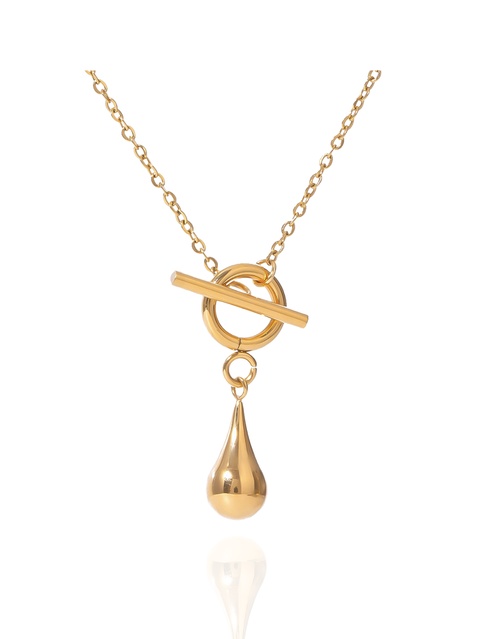 Gold necklace with a teardrop pendant on a white background, cable chain, toggle clasp, tear drop charm, polished pendants, everyday wear