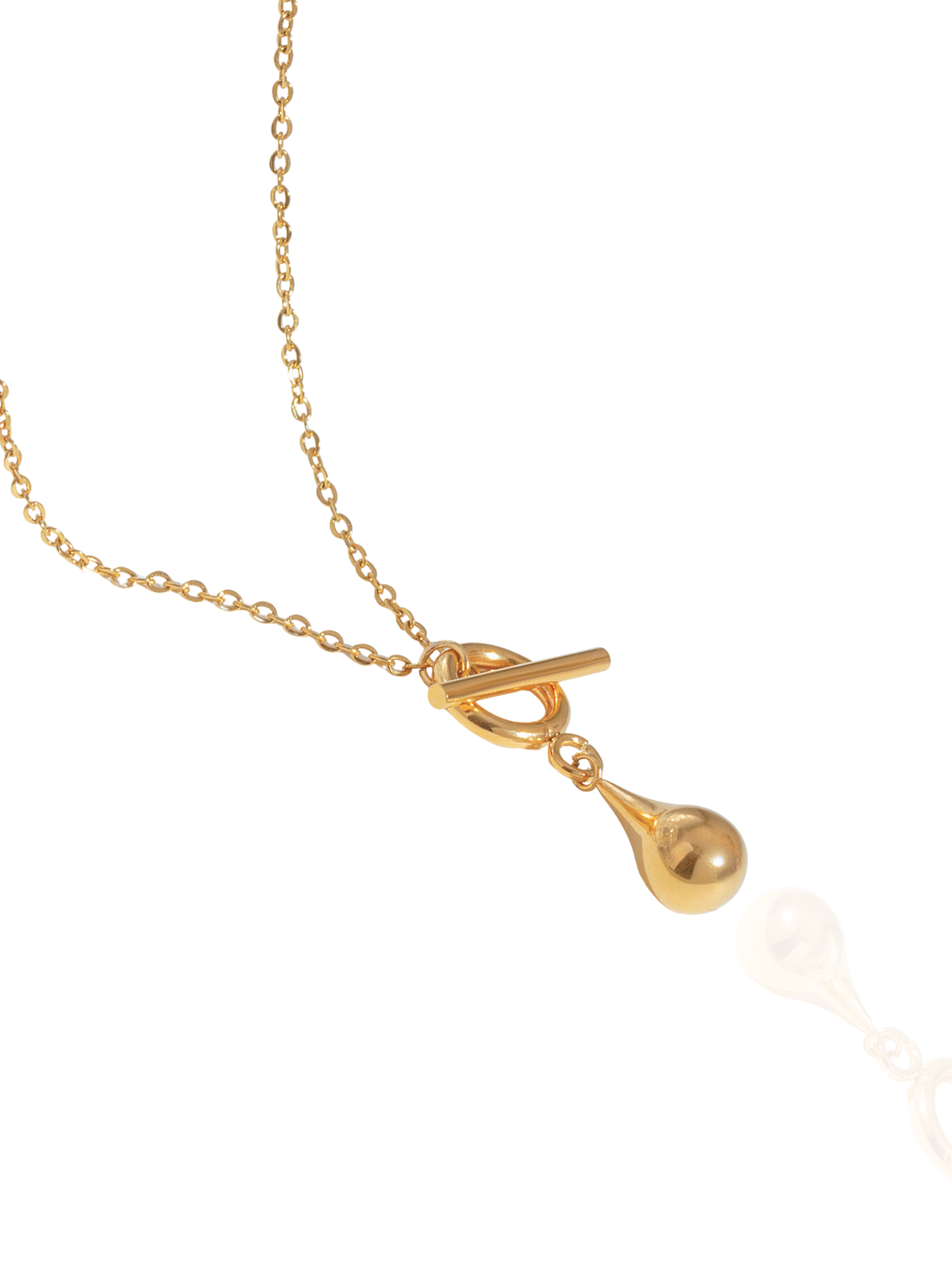 Gold necklace with a teardrop pendant on a white background, cable chain, toggle clasp, tear drop charm, polished pendants, everyday wear
