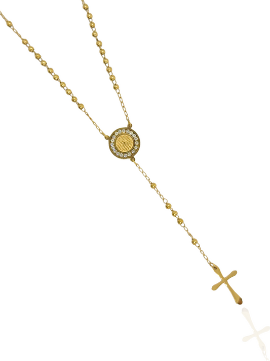 Gold necklace with a circular pendant and cross on a white background, circle charm, cross pendant, cross necklace, religious, everyday wear, unique necklace, dainty cross necklace