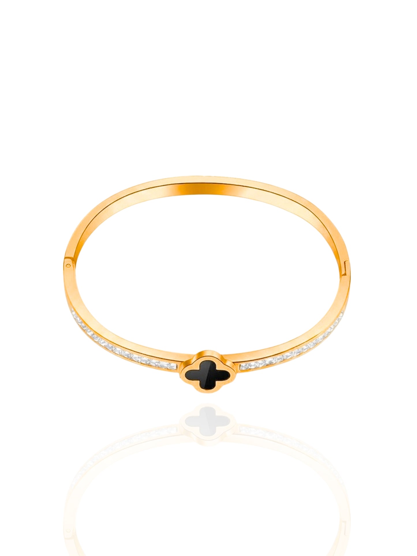 timeless jewellery, perfect gift for her, elegant jewellery, clover bangle, charm bracelet, dainty jewellery, simple jewellery,  fashion accessories, sleek jewellery, trendy jewellery, lightweight bangle, stylish jewellery, simple bangle, classic gold bangle, bangle with stones, heart design bangle, classic bangle, intricate design bangle, perfect gift for her, best gift for her, classic gold chain bangle, stylish gift, statement bracelet, versatile bracelet, bracelet Australia, gold bangle, black clover