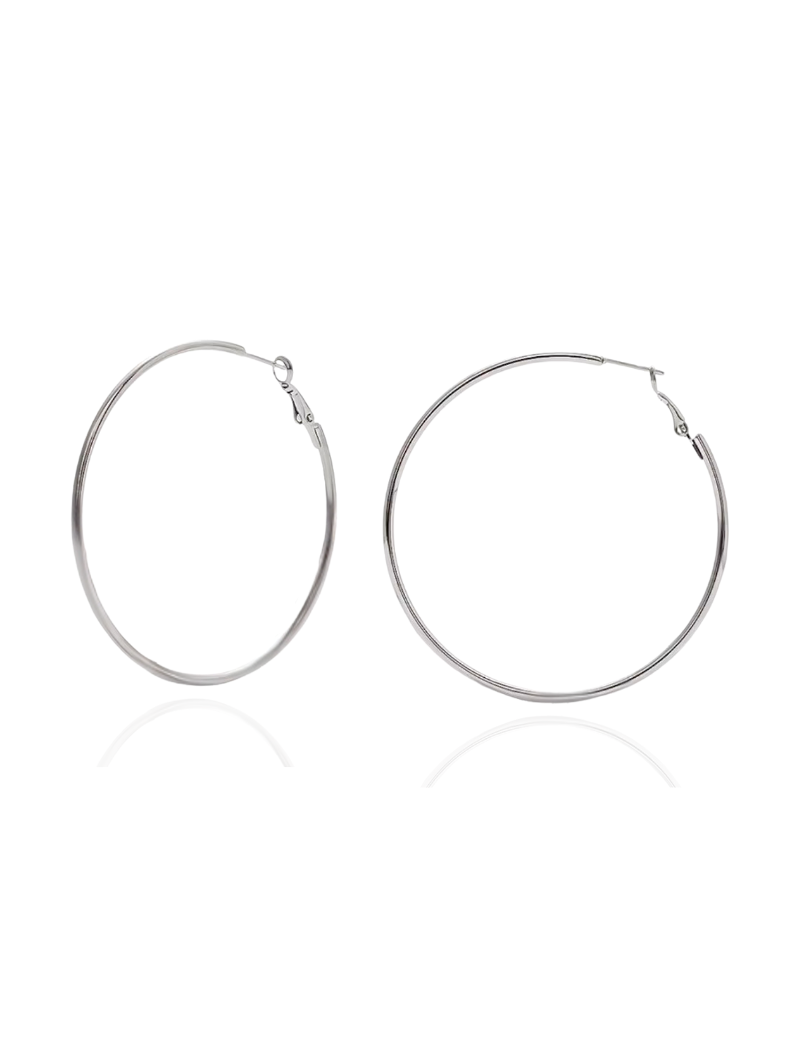 Pair of silver hoop earrings on a white background, silver hoop earrings, sterling silver hoops, polished silver hoop earrings, everyday silver hoops