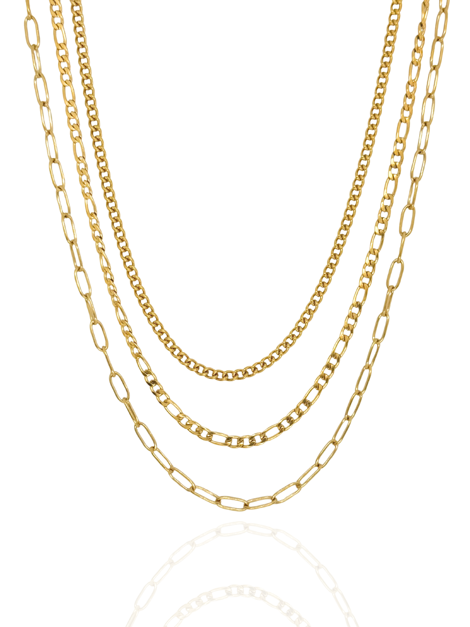 Three gold chain necklaces on a white background, layered necklace, gold layered necklace, multi-strand gold necklace, everyday wear