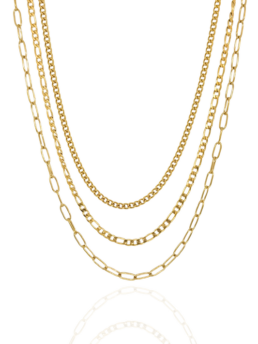 Three gold chain necklaces on a white background, layered necklace, gold layered necklace, multi-strand gold necklace, everyday wear