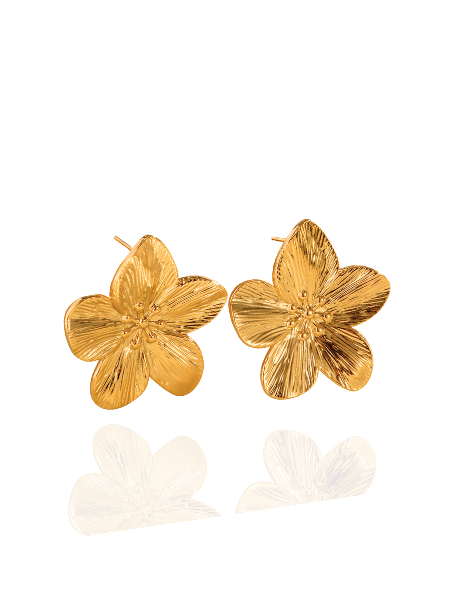 Pair of gold flower-shaped earrings on a white background, gold flower earrings, flower studs, minimalist jewellery, everyday wear, delicate gold flower earrings, 