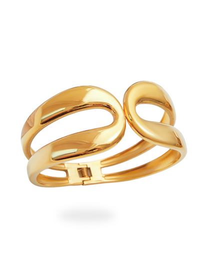 Gold bangle with a unique design on a white background, maximalist, formal wear, elegant wear, gold bangle, 
