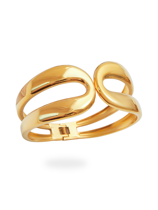 Gold bangle with a unique design on a white background, maximalist, formal wear, elegant wear, gold bangle, 