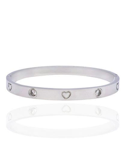 timeless jewellery, perfect gift for her, elegant jewellery, dainty jewellery, simple jewellery,  fashion accessories, sleek jewellery, trendy jewellery, lightweight bangle, stylish jewellery, simple bangle, classic silver bangle, bangle with stones, heart design bangle