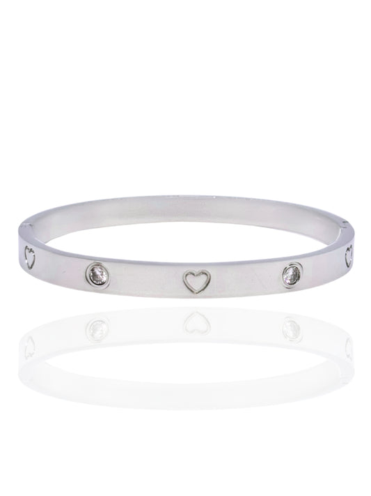 timeless jewellery, perfect gift for her, elegant jewellery, dainty jewellery, simple jewellery,  fashion accessories, sleek jewellery, trendy jewellery, lightweight bangle, stylish jewellery, simple bangle, classic silver bangle, bangle with stones, heart design bangle