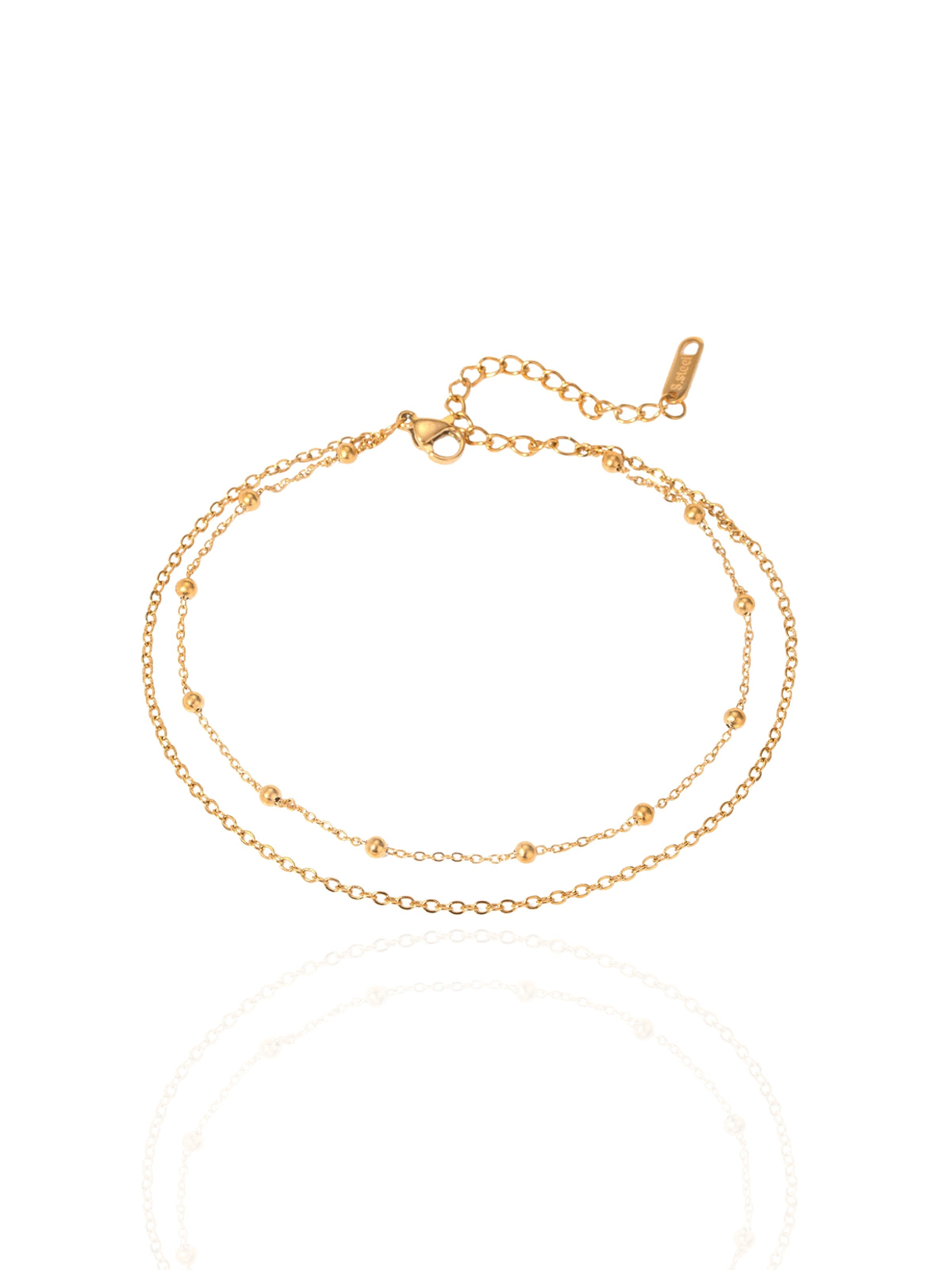 SYNTC, double layer anklet, round bead chain anklet, beaded anklet, lightweight anklet, anklet for beach, beach anklet, versatile anklet, simple anklet, dainty anklet, fashionable anklet, double layered anklet, layered anklet, gold anklet