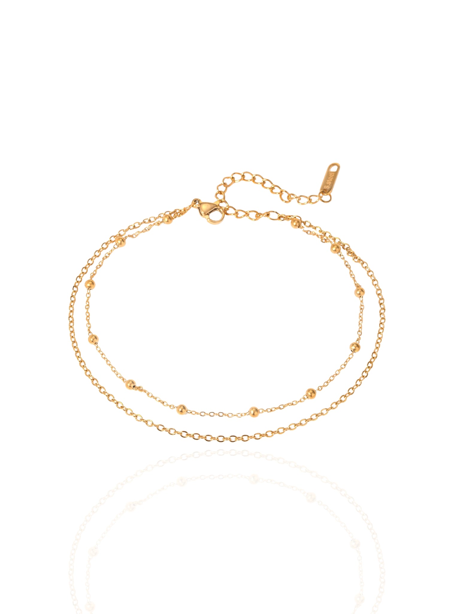 SYNTC, double layer anklet, round bead chain anklet, beaded anklet, lightweight anklet, anklet for beach, beach anklet, versatile anklet, simple anklet, dainty anklet, fashionable anklet, double layered anklet, layered anklet, gold anklet