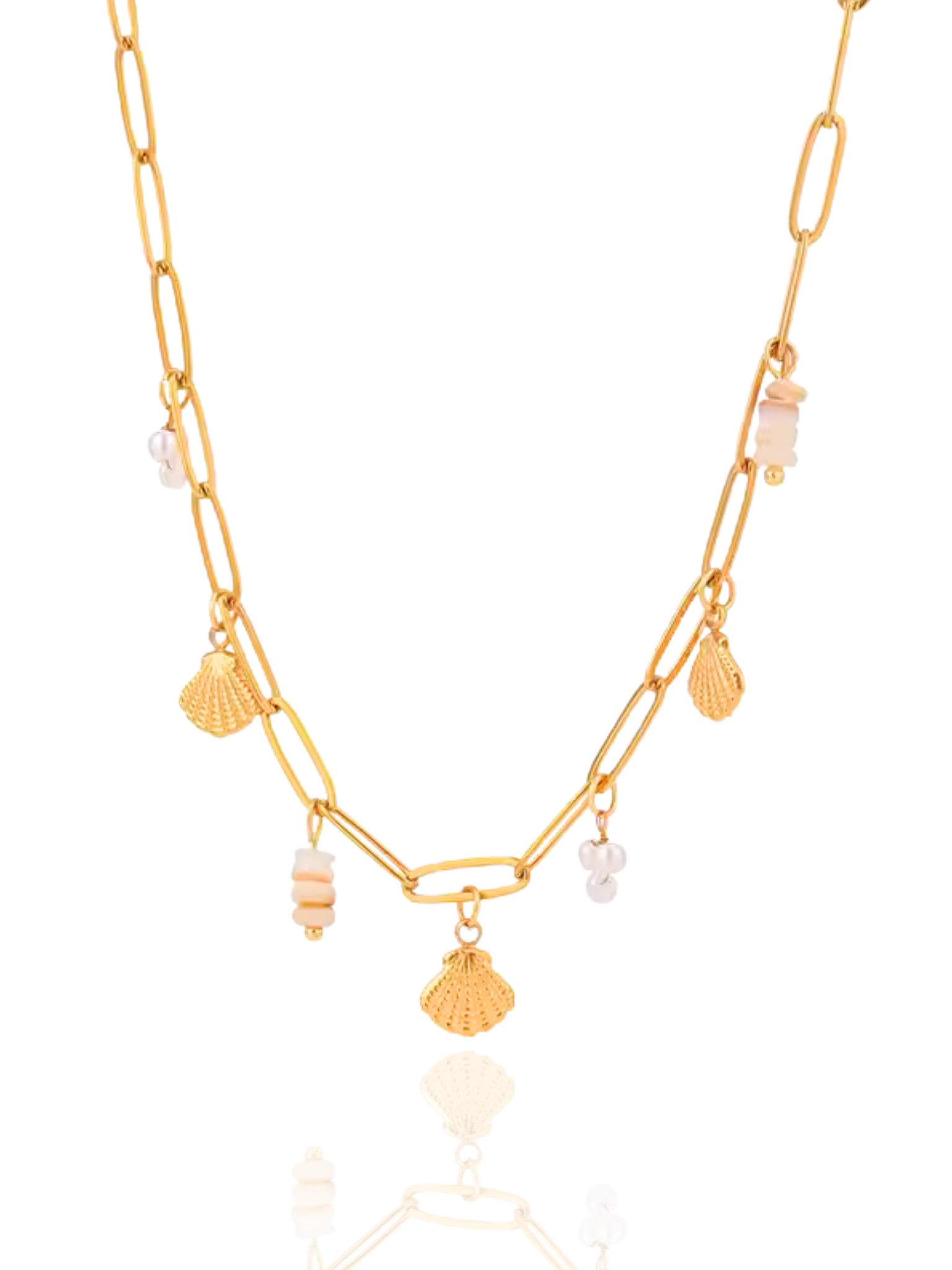 cute necklace, charm necklace, best gift for her, shell pendant necklace, pearl necklace, link chain necklace with charms, link chain necklace, necklace with charming pendant