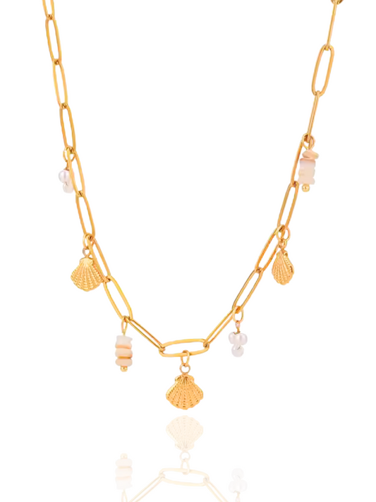 cute necklace, charm necklace, best gift for her, shell pendant necklace, pearl necklace, link chain necklace with charms, link chain necklace, necklace with charming pendant