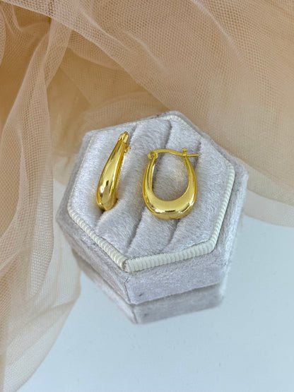 Gold hoop earrings in a hexagonal jewelry box on a light background, hoops, hoops earrings, casual wear, unique design, elegant drop earrings