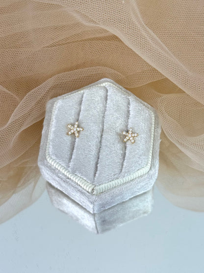 Hexagonal silver velvet jewelry box with star-shaped earrings on a soft beige fabric background, star earrings, gemstone, everyday wear, stud earrings