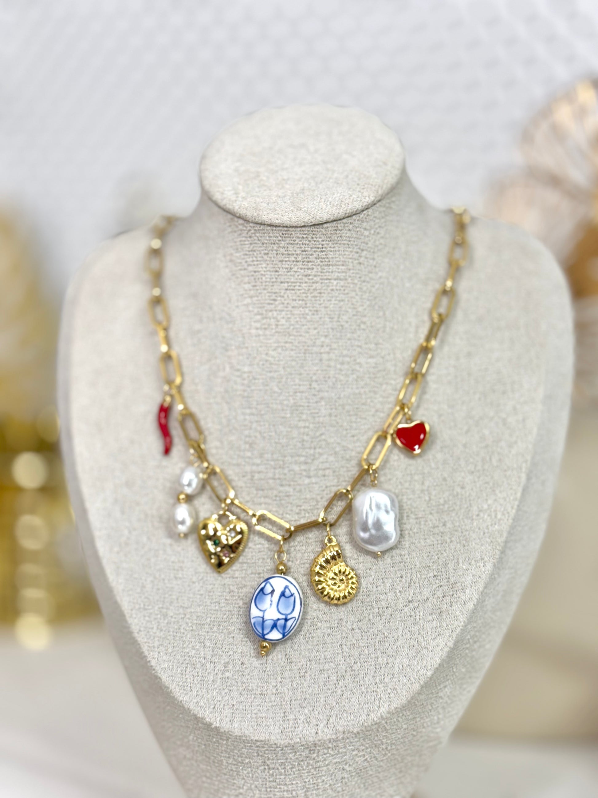 cute necklace, charm necklace, best gift for her, blue necklace, pearl necklace, link chain necklace with charms, link chain necklace, necklace with charming pendant