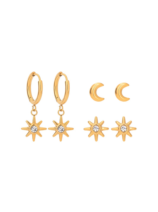 gold earrings, minimalist design earrings, jewellery for occasion, gift idea for her, cute earrings, dainty earrings, elegant earrings, dainty earrings, cute earrings set, simple earrings, earrings with stones, sun design earrings, moon design earrings
