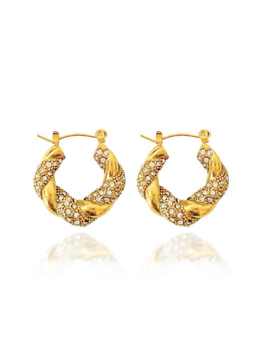 intricate design earrings, twisted earrings, stud earrings, sparkling earrings
