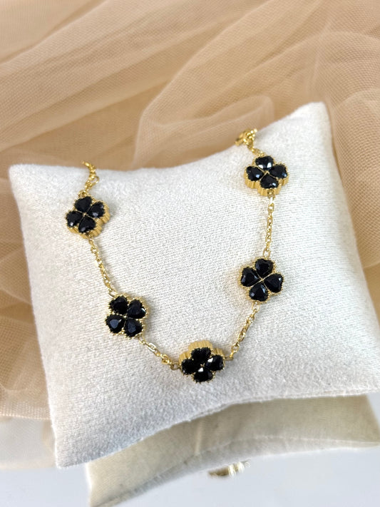 cute clover bracelet, small black clover bracelet, shiny clover, black sparkle, coloured bracelet