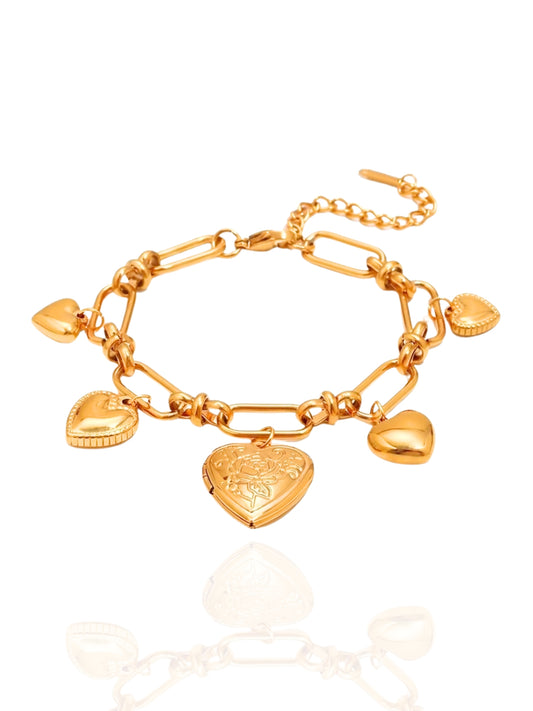 charm bracelet, heart bracelet, heart charm bracelet, heart dangling charm bracelet, gold heart bracelet, cute bracelet