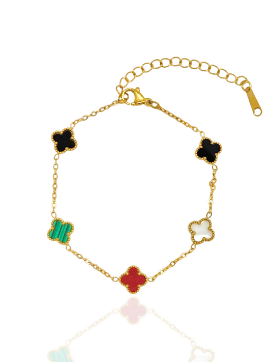 multicolor bracelet, multicolor clover, cute bracelet, 5 clover bracelet, gold bracelet, clover bracelet
