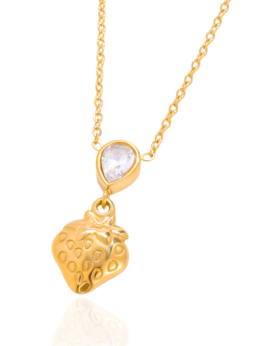 gold necklace, timeless jewellery, perfect gift for her, elegant necklace, charm necklace, best gift for her, classic gold chain necklace, stylish gift, statement necklace, versatile necklace, necklace Australia, link chain necklace, interlocking pendant necklace, y-shaped necklace, necklace with stone pendant, necklace with bold pendant, pendant with stones, necklace with gem pendant, necklace with colored stone pendant, gem necklace, strawberry pendant necklace, charm necklace