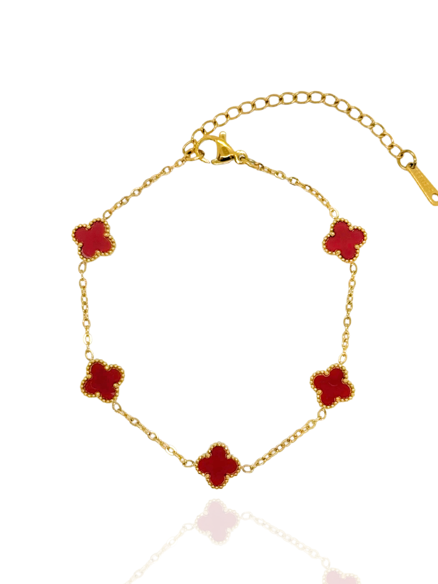 maroon clover, cute bracelet, gold bracelet, maroon bracelet, 5 clover bracelet, clover bracelet