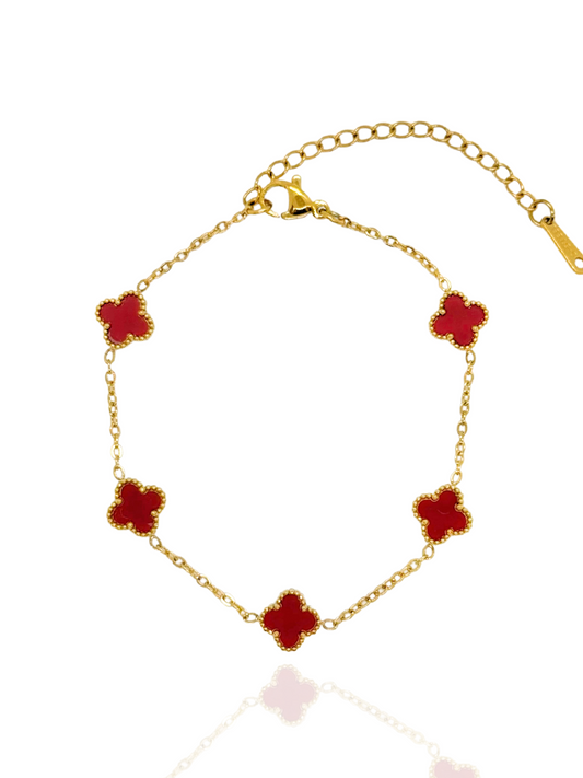 maroon clover, cute bracelet, gold bracelet, maroon bracelet, 5 clover bracelet, clover bracelet