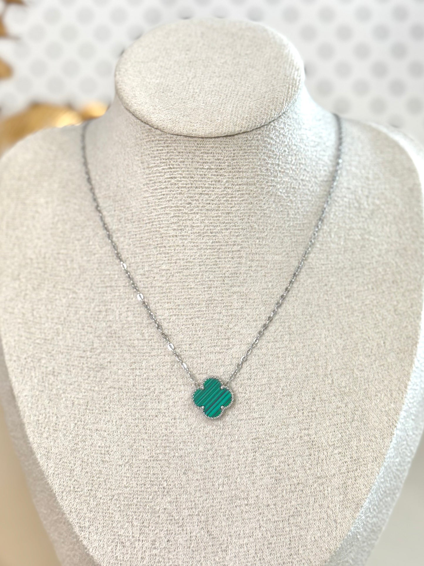 clover necklace, silver necklace, clover design jewelry, green necklace, clover in green