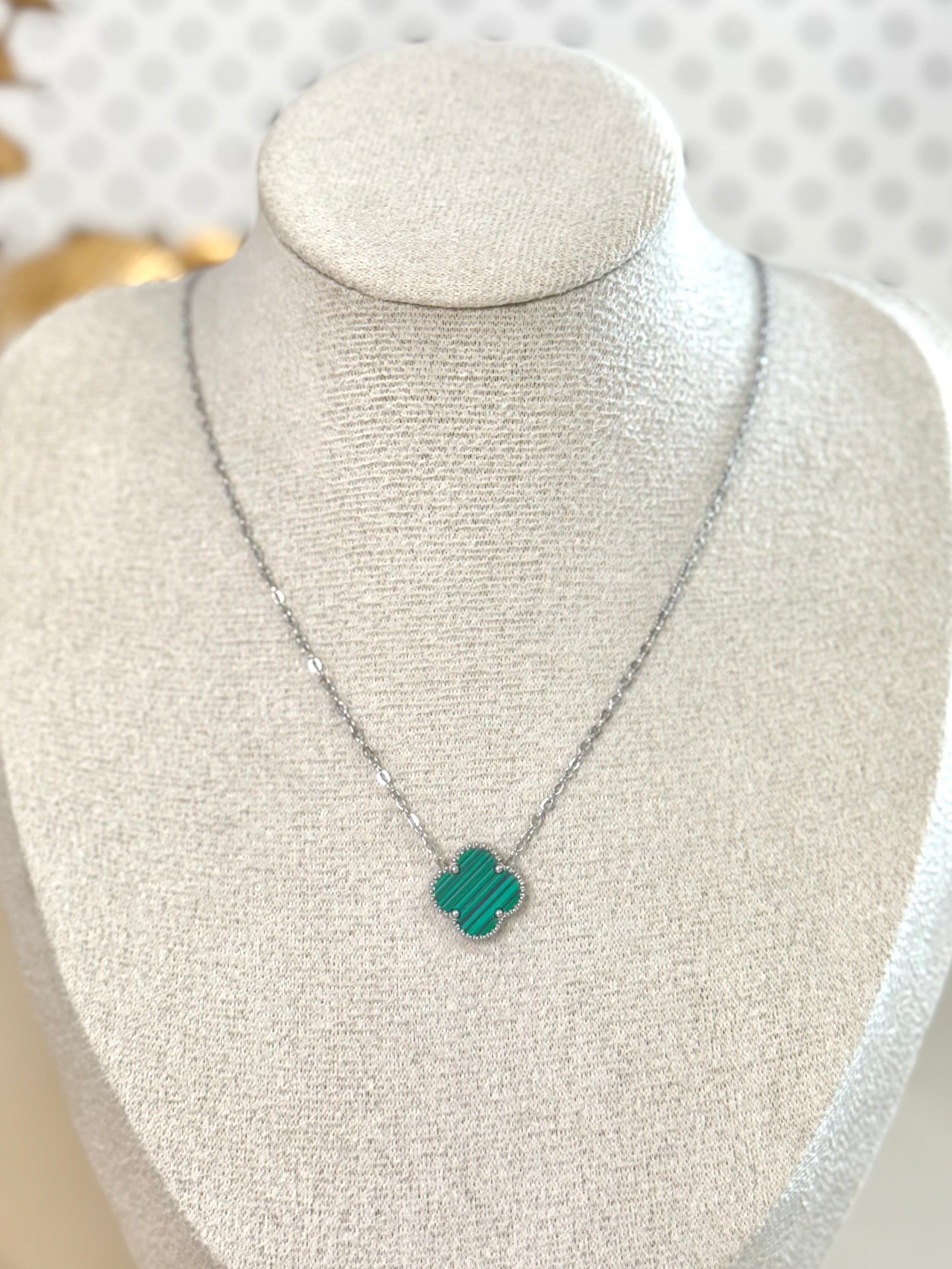 clover necklace, silver necklace, clover design jewelry, green necklace, clover in green
