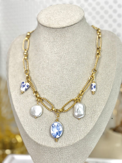 cute necklace, charm necklace, best gift for her, blue necklace, pearl necklace, link chain necklace with charms, link chain necklace