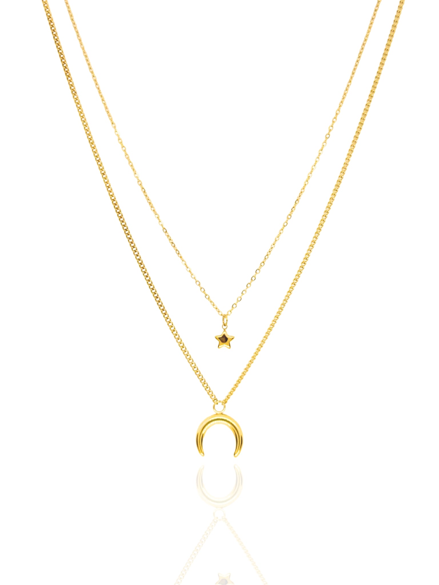 gold necklace, timeless jewellery, perfect gift for her, elegant necklace, charm necklace, best gift for her, classic gold chain necklace, stylish gift, statement necklace, versatile necklace, necklace Australia, link chain necklace, interlocking pendant necklace, y-shaped necklace, necklace with stone pendant, necklace with bold pendant, pendant with stones, necklace with gem pendant, gem necklace, layered necklace, star pendant, moon pendant necklace, star and moon pendant