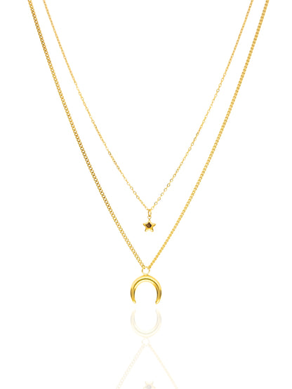gold necklace, timeless jewellery, perfect gift for her, elegant necklace, charm necklace, best gift for her, classic gold chain necklace, stylish gift, statement necklace, versatile necklace, necklace Australia, link chain necklace, interlocking pendant necklace, y-shaped necklace, necklace with stone pendant, necklace with bold pendant, pendant with stones, necklace with gem pendant, gem necklace, layered necklace, star pendant, moon pendant necklace, star and moon pendant