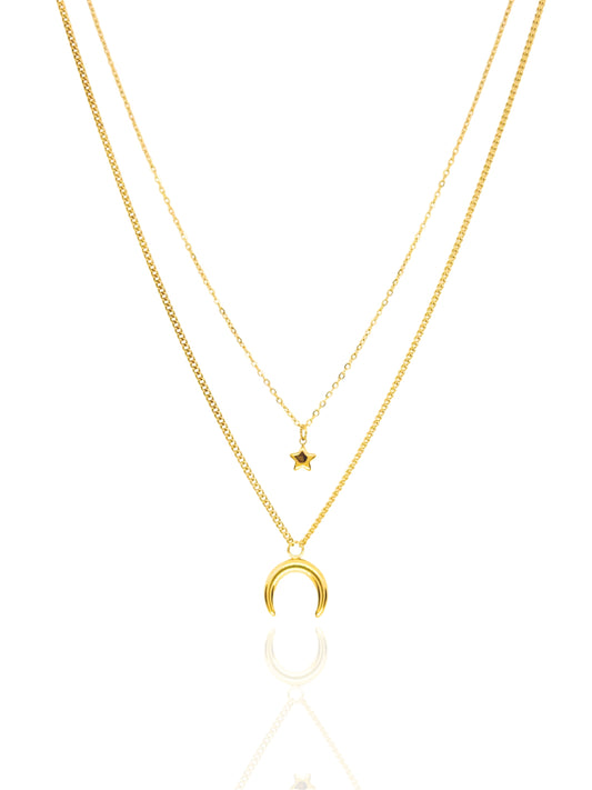 gold necklace, timeless jewellery, perfect gift for her, elegant necklace, charm necklace, best gift for her, classic gold chain necklace, stylish gift, statement necklace, versatile necklace, necklace Australia, link chain necklace, interlocking pendant necklace, y-shaped necklace, necklace with stone pendant, necklace with bold pendant, pendant with stones, necklace with gem pendant, gem necklace, layered necklace, star pendant, moon pendant necklace, star and moon pendant