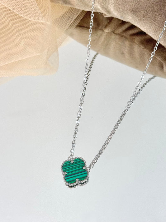 clover necklace, silver necklace, clover design jewelry, green necklace, clover in green