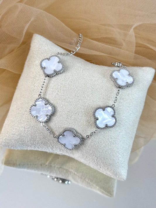 white silver clover, clover white silver, white and silver clover, large clover bracelet