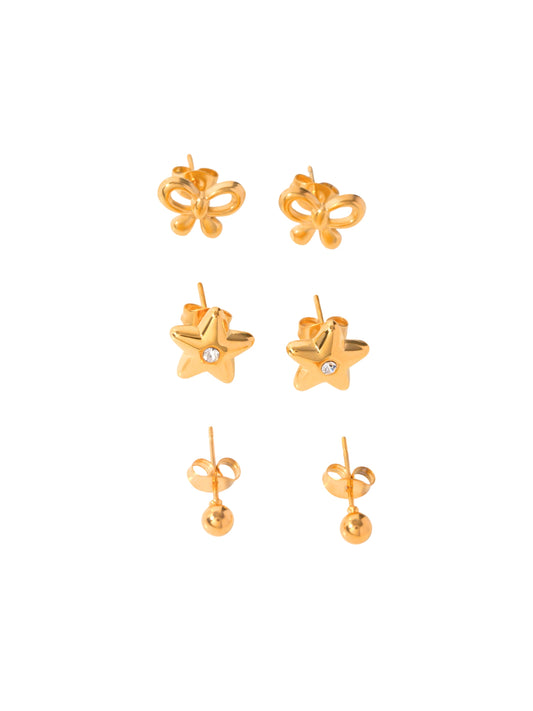 gold earrings, minimalist design earrings, jewellery for occasion, gift idea for her, cute earrings, dainty earrings, elegant earrings, dainty earrings, cute earrings set, ball design earrings, simple earrings, earrings ring with stones, ribbon design earrings, star design earrings