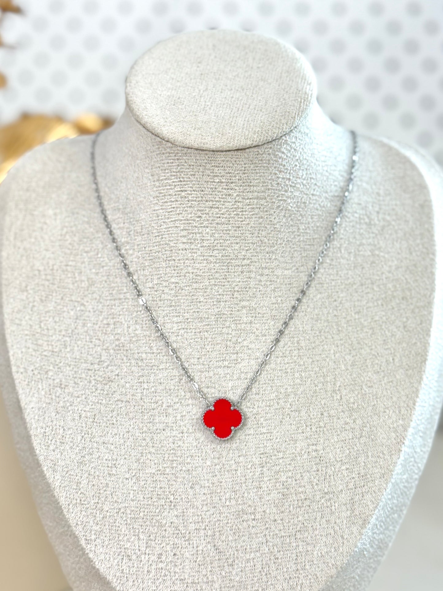 Clover red, silver red clover, red necklace, clover in silver 