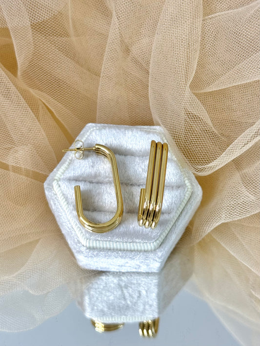 semi hoop earrings, oblong shaped earrings, line earrings, statement earrings
