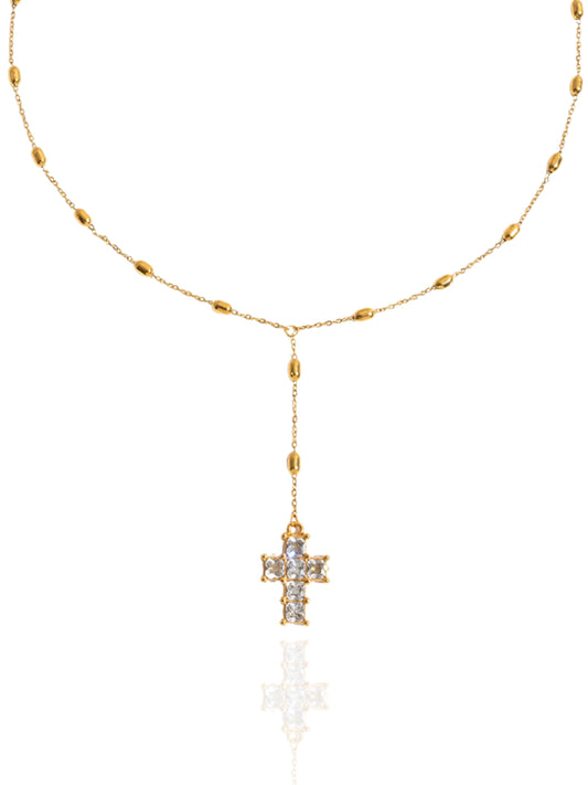 gold necklace, timeless jewellery, perfect gift for her, elegant necklace, charm necklace, best gift for her, classic gold chain necklace, stylish gift, statement necklace, versatile necklace, necklace Australia, link chain necklace, interlocking pendant necklace, y-shaped necklace, necklace with stone pendant, necklace with bold pendant, pendant with stones, necklace with gem pendant, necklace with colored stone pendant, gem necklace, cross pendant necklace