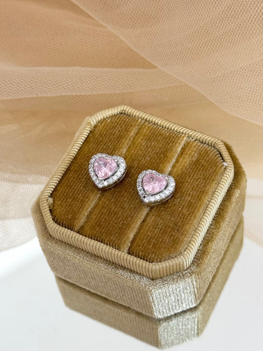 heart-shaped earrings, white gold earrings with heart, pink heart earrings, cute heart earrings