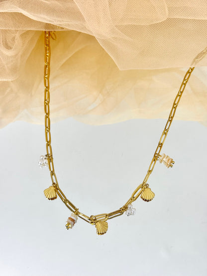 cute necklace, charm necklace, best gift for her, shell pendant necklace, pearl necklace, link chain necklace with charms, link chain necklace, necklace with charming pendant